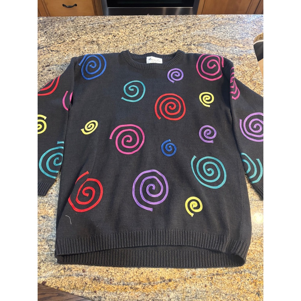 Vintage Kimberly Hope Black Spiral Swirl Knit Sweater Size M‎ Colorful
